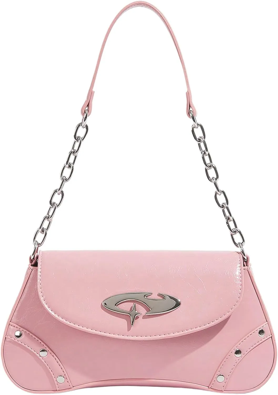 QWINEE Women's Y2K Studded Denim Shoulder Bag Flap Chain Strap Small Underarm Purse Street Handbags