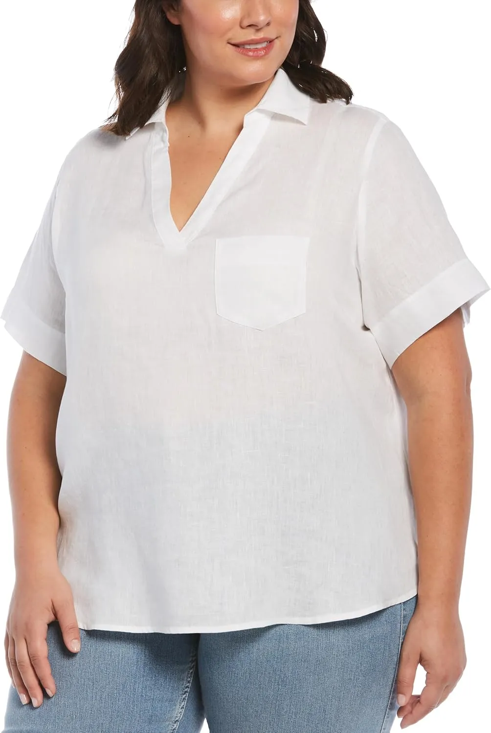 Rafaella Women's Split Neck Short Sleeve Linen Top