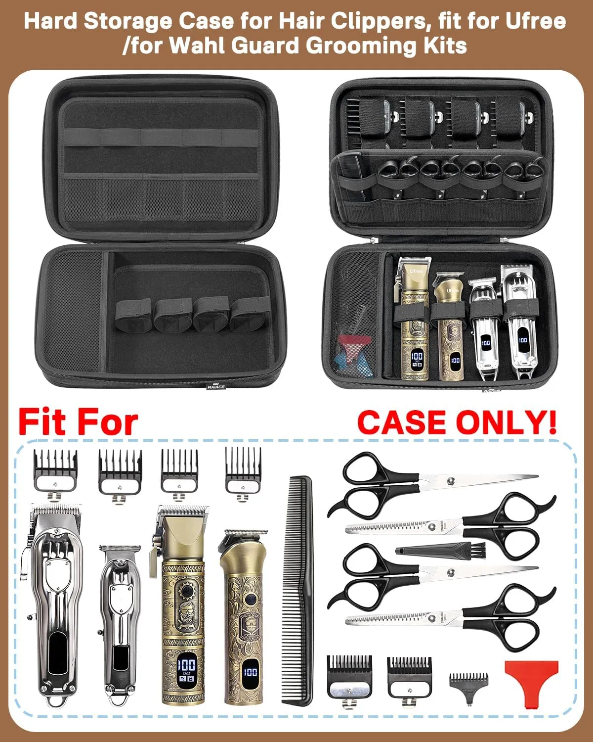 RAIACE Hard Travel Storage Case Compatible with Hair Clippers, Carrying Bag for Hair Cutting Barber Supplies, fit for Ufree/for Wahl Guard Grooming Kits. -Black