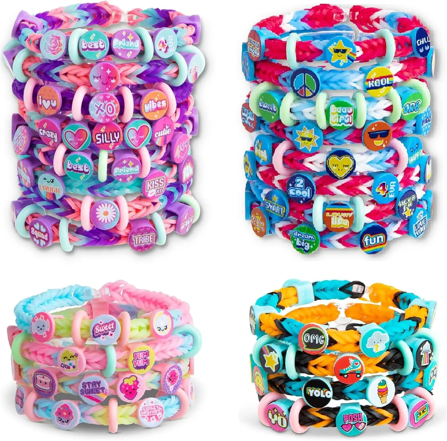 Rainbow Loom: Beadmoji 4 Pack Bundle: Besties, Good Vibes, Sweets, Trendy - 4 Rubber Band DIY Charm Bracelet Kits, Speed Loom, Design & Create, Age 7 