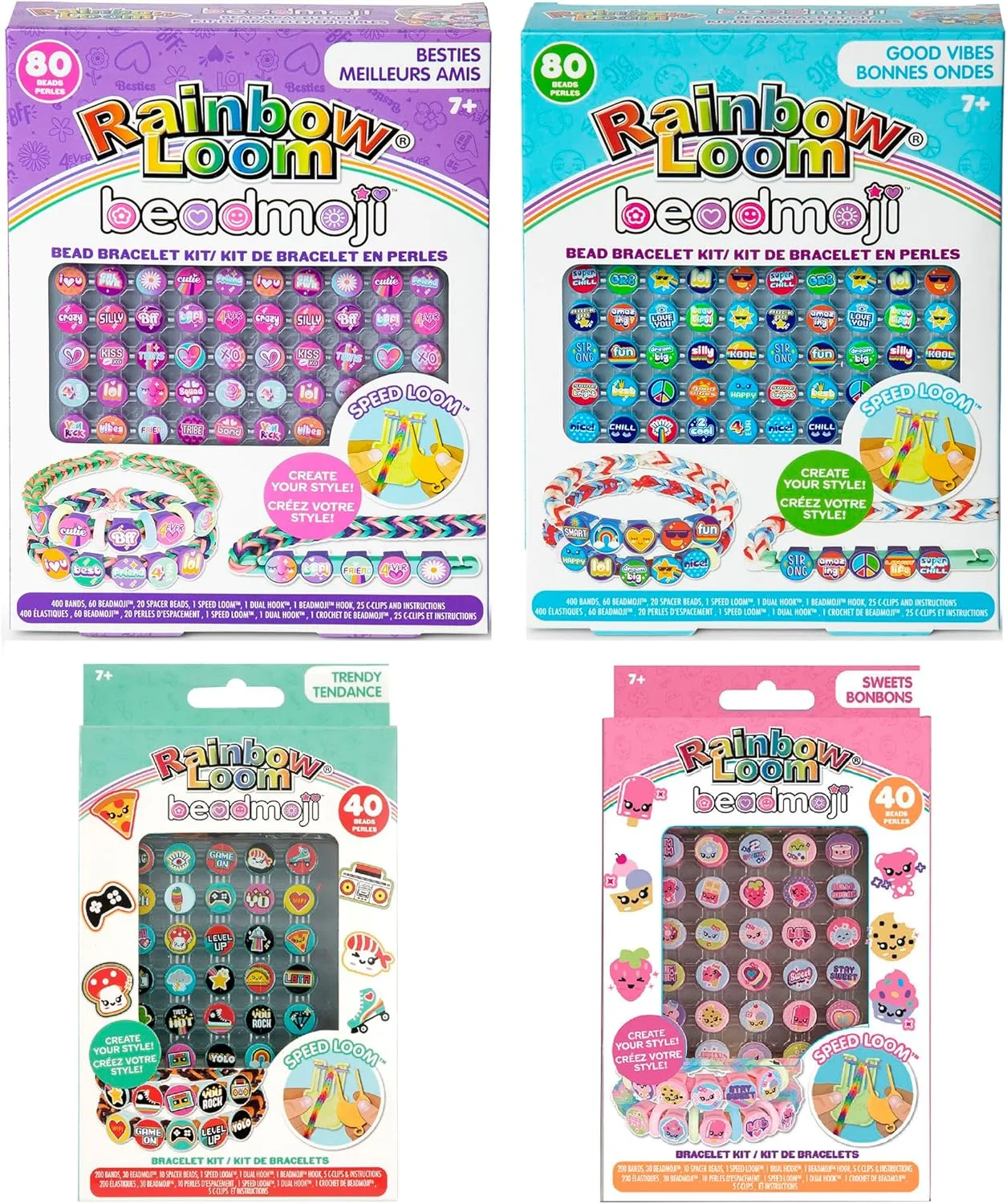 Rainbow Loom: Beadmoji 4 Pack Bundle: Besties, Good Vibes, Sweets, Trendy - 4 Rubber Band DIY Charm Bracelet Kits, Speed Loom, Design & Create, Age 7 