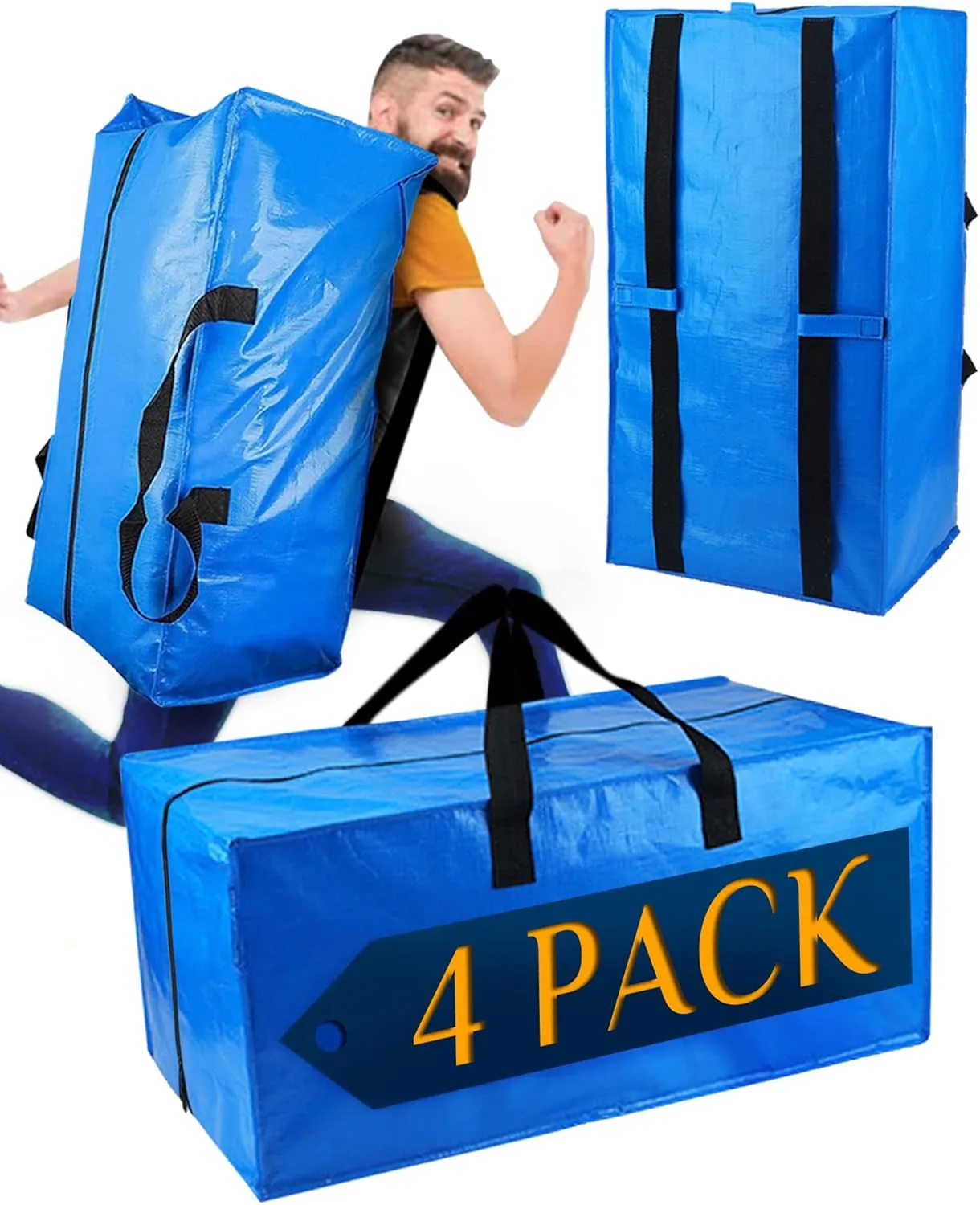 Raydior Heavy Duty Moving bags Storage Totes 4PCS| Extra Large Blue Packing Bags Backpack Straps Strong Handles & Zippers| College Moving, Laundry bags, Alternative to Moving Box
