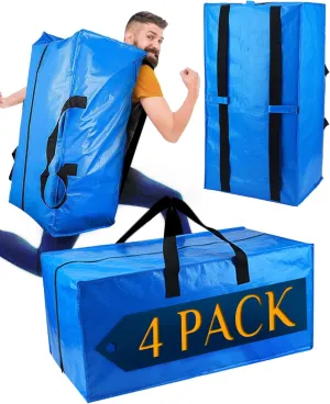 Raydior Heavy Duty Moving bags Storage Totes 4PCS| Extra Large Blue Packing Bags Backpack Straps Strong Handles & Zippers| College Moving, Laundry bags, Alternative to Moving Box