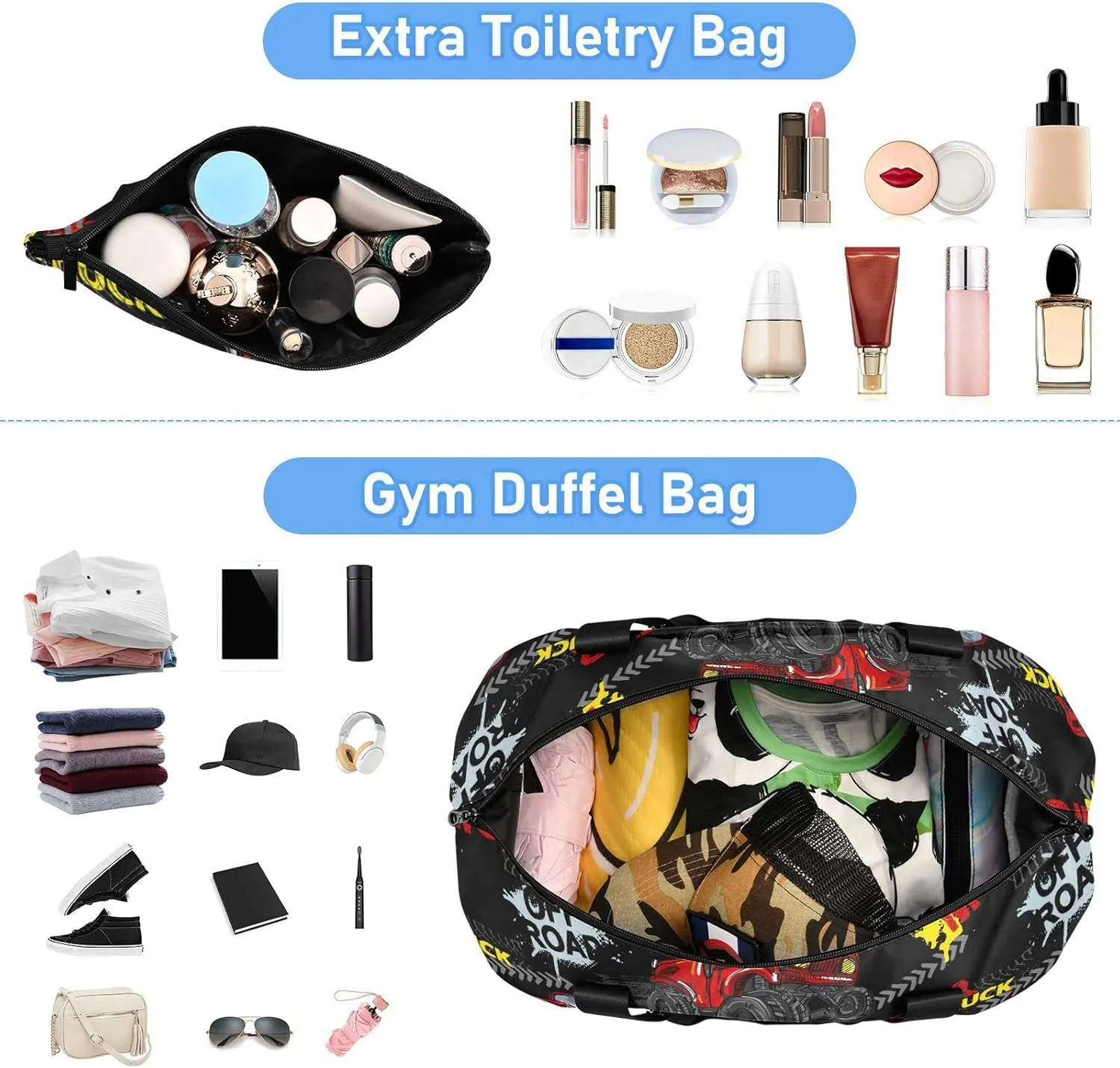 Red Truck Car, Trace of Tire, Drive and Speed on Black Gym Duffel Bag, Polyester Travel Weekender Luggage Handbag with Waterproof Pocket for Wet Items, Unisex Foldable Tote for Sports