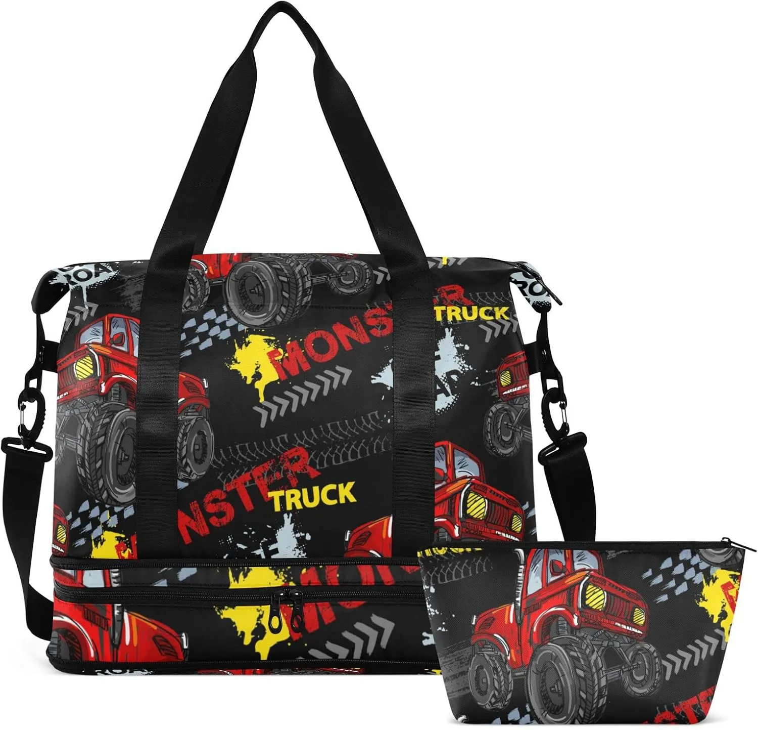 Red Truck Car, Trace of Tire, Drive and Speed on Black Gym Duffel Bag, Polyester Travel Weekender Luggage Handbag with Waterproof Pocket for Wet Items, Unisex Foldable Tote for Sports