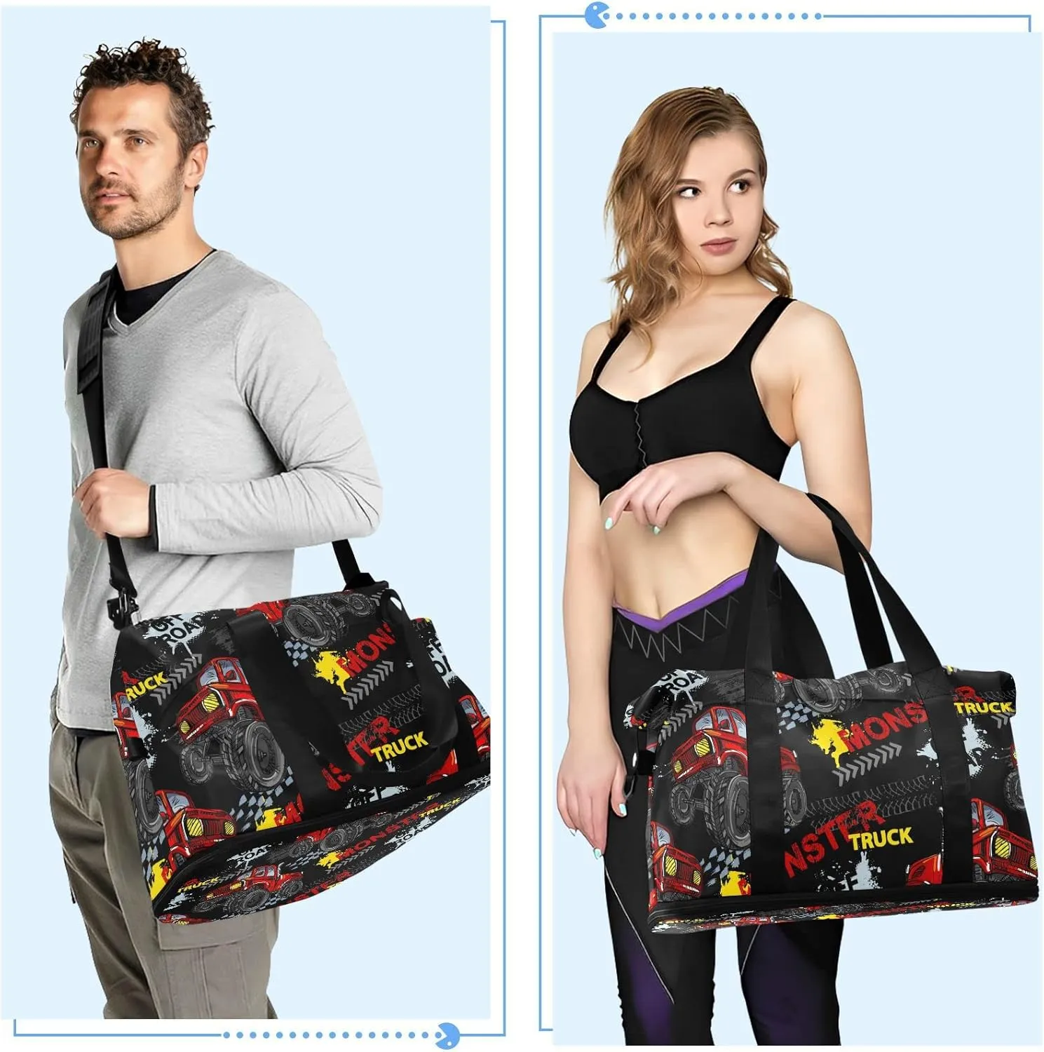 Red Truck Car, Trace of Tire, Drive and Speed on Black Gym Duffel Bag, Polyester Travel Weekender Luggage Handbag with Waterproof Pocket for Wet Items, Unisex Foldable Tote for Sports