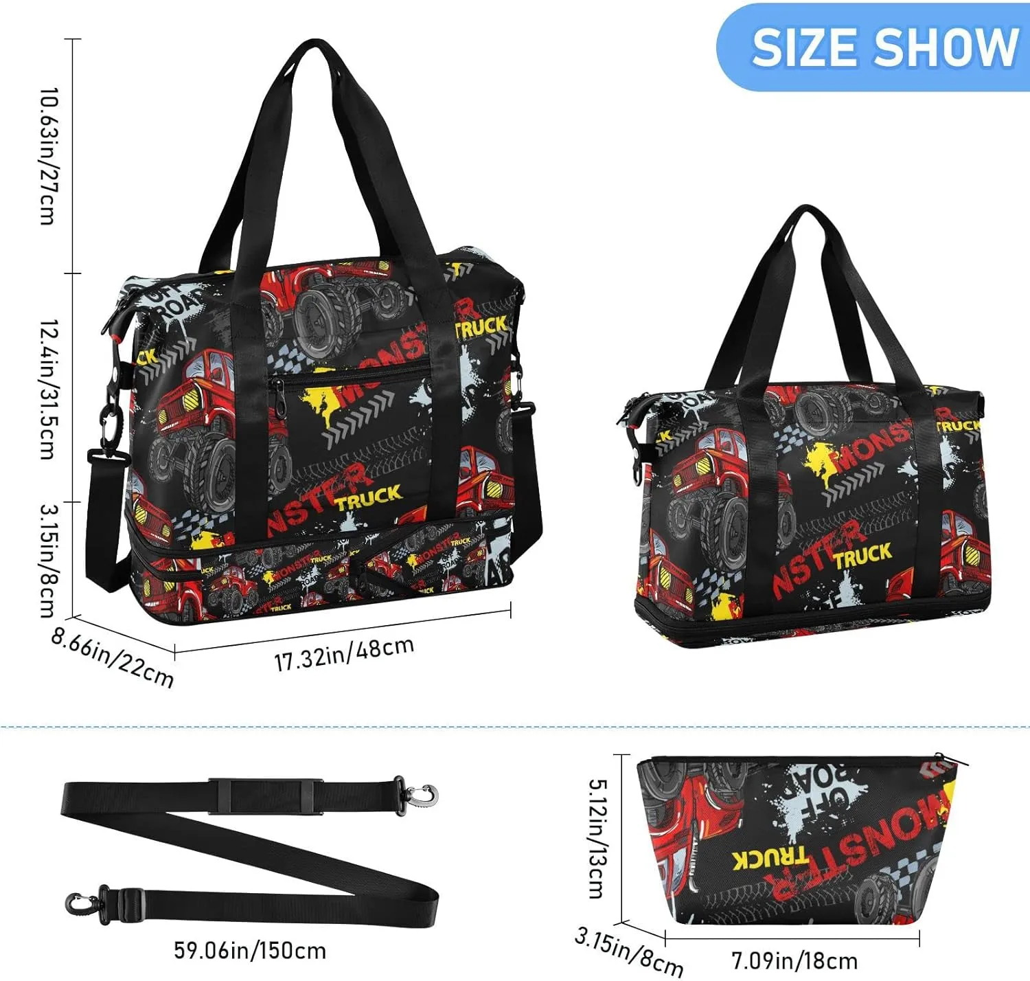 Red Truck Car, Trace of Tire, Drive and Speed on Black Gym Duffel Bag, Polyester Travel Weekender Luggage Handbag with Waterproof Pocket for Wet Items, Unisex Foldable Tote for Sports