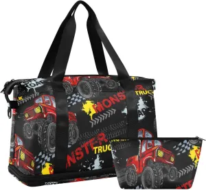 Red Truck Car, Trace of Tire, Drive and Speed on Black Gym Duffel Bag, Polyester Travel Weekender Luggage Handbag with Waterproof Pocket for Wet Items, Unisex Foldable Tote for Sports