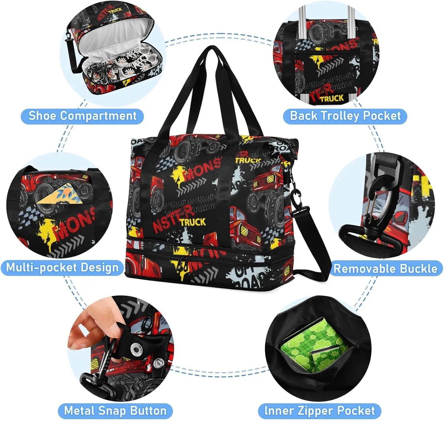 Red Truck Car, Trace of Tire, Drive and Speed on Black Gym Duffel Bag, Polyester Travel Weekender Luggage Handbag with Waterproof Pocket for Wet Items, Unisex Foldable Tote for Sports