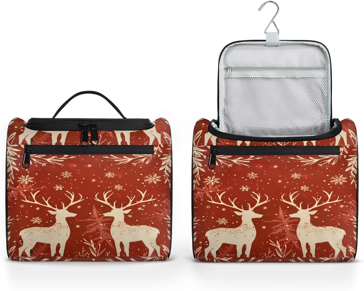 Reindeer And Holly Christmas Travel Toiletry Bag for Men and Women, Large Hanging Makeup Bag Organizer Toiletries Bag for Travel, Cosmetic Bag with Handle