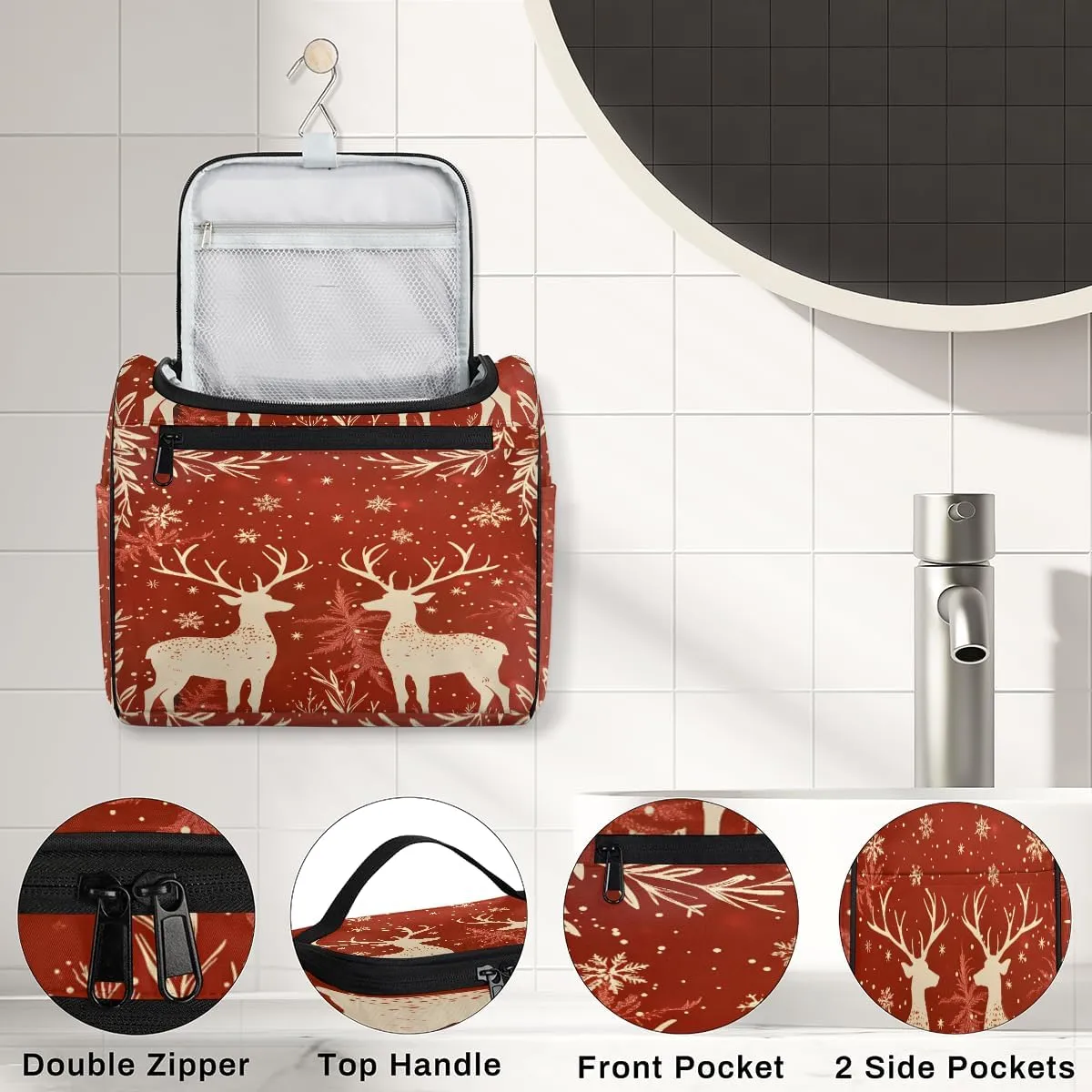 Reindeer And Holly Christmas Travel Toiletry Bag for Men and Women, Large Hanging Makeup Bag Organizer Toiletries Bag for Travel, Cosmetic Bag with Handle