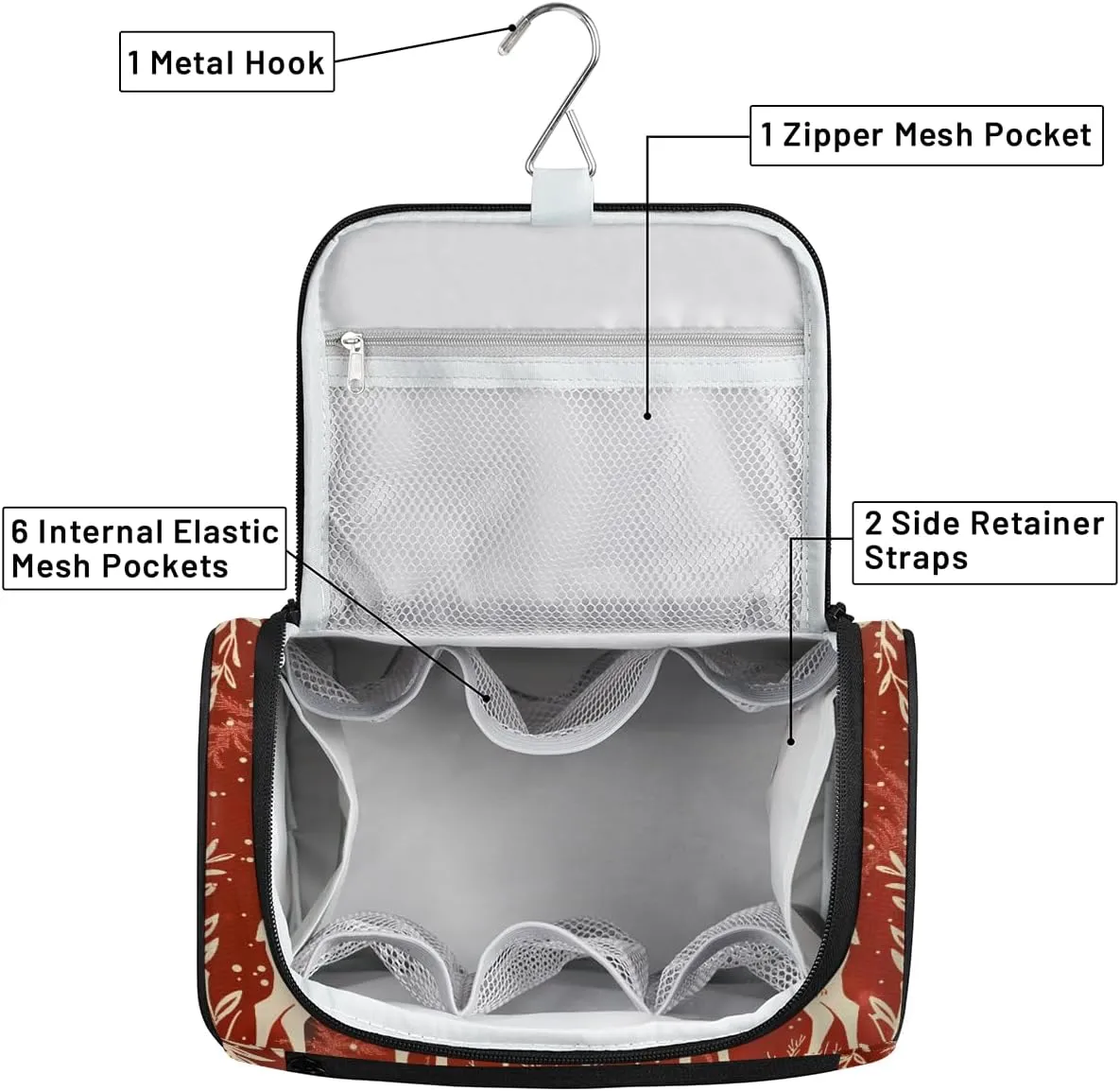 Reindeer And Holly Christmas Travel Toiletry Bag for Men and Women, Large Hanging Makeup Bag Organizer Toiletries Bag for Travel, Cosmetic Bag with Handle
