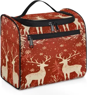 Reindeer And Holly Christmas Travel Toiletry Bag for Men and Women, Large Hanging Makeup Bag Organizer Toiletries Bag for Travel, Cosmetic Bag with Handle