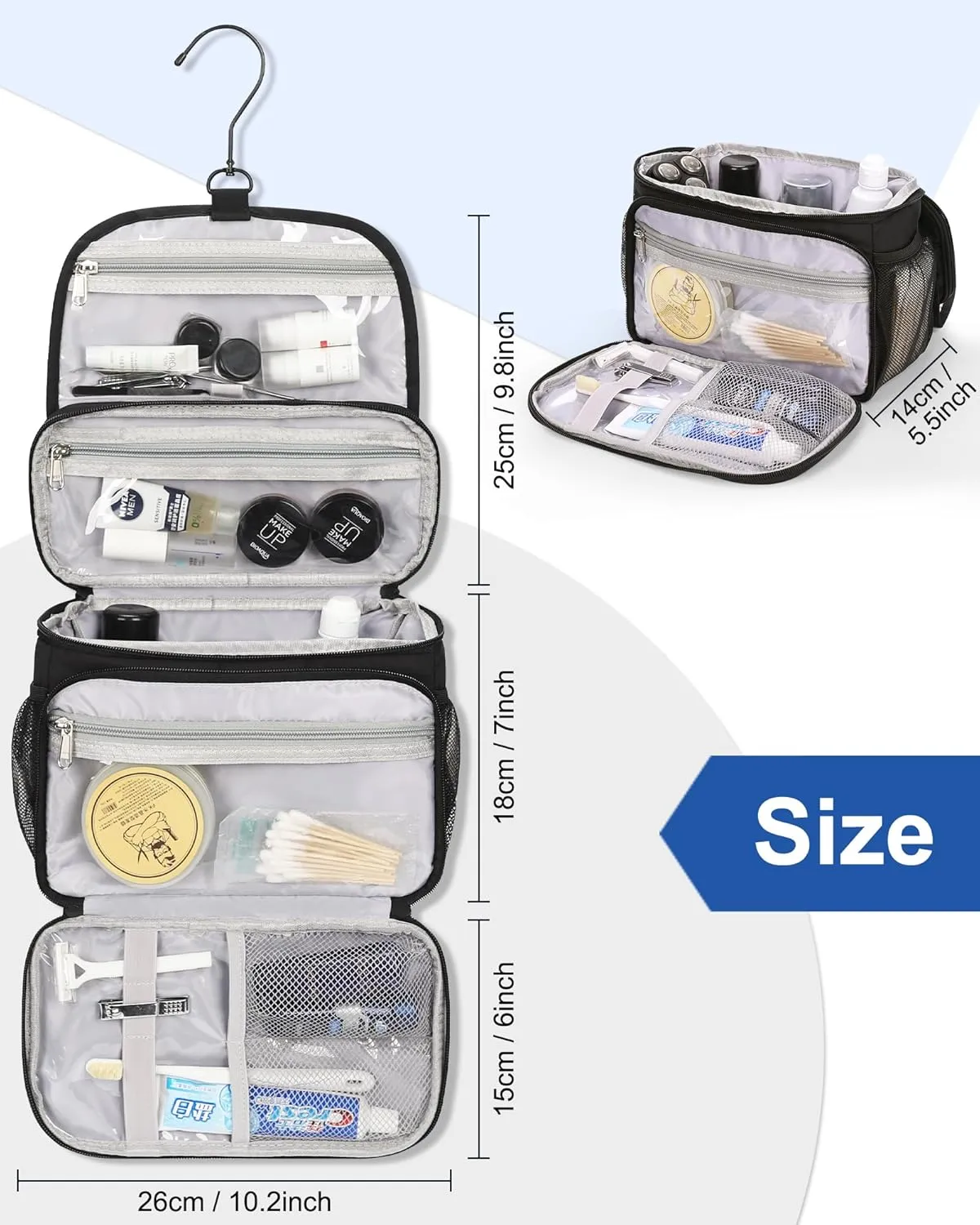 Relavel Toiletry Bag for Men, Hanging Toiletries Bag for Women Water Resistant Dopp Kit Shaving Bag, Travel Essentials Large Capacity Organizer Case for Toiletries Accessories, Black