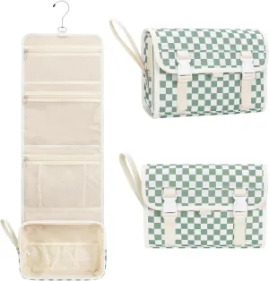 Relavel Travel Hanging Toiletry Bag for Women, Large Capacity Wash Bag with 360 degree Rotation Hanging Hook, Portable Toiletries Makeup Organizer Storage for Daily Use, Trip, Camping - Green Plaid