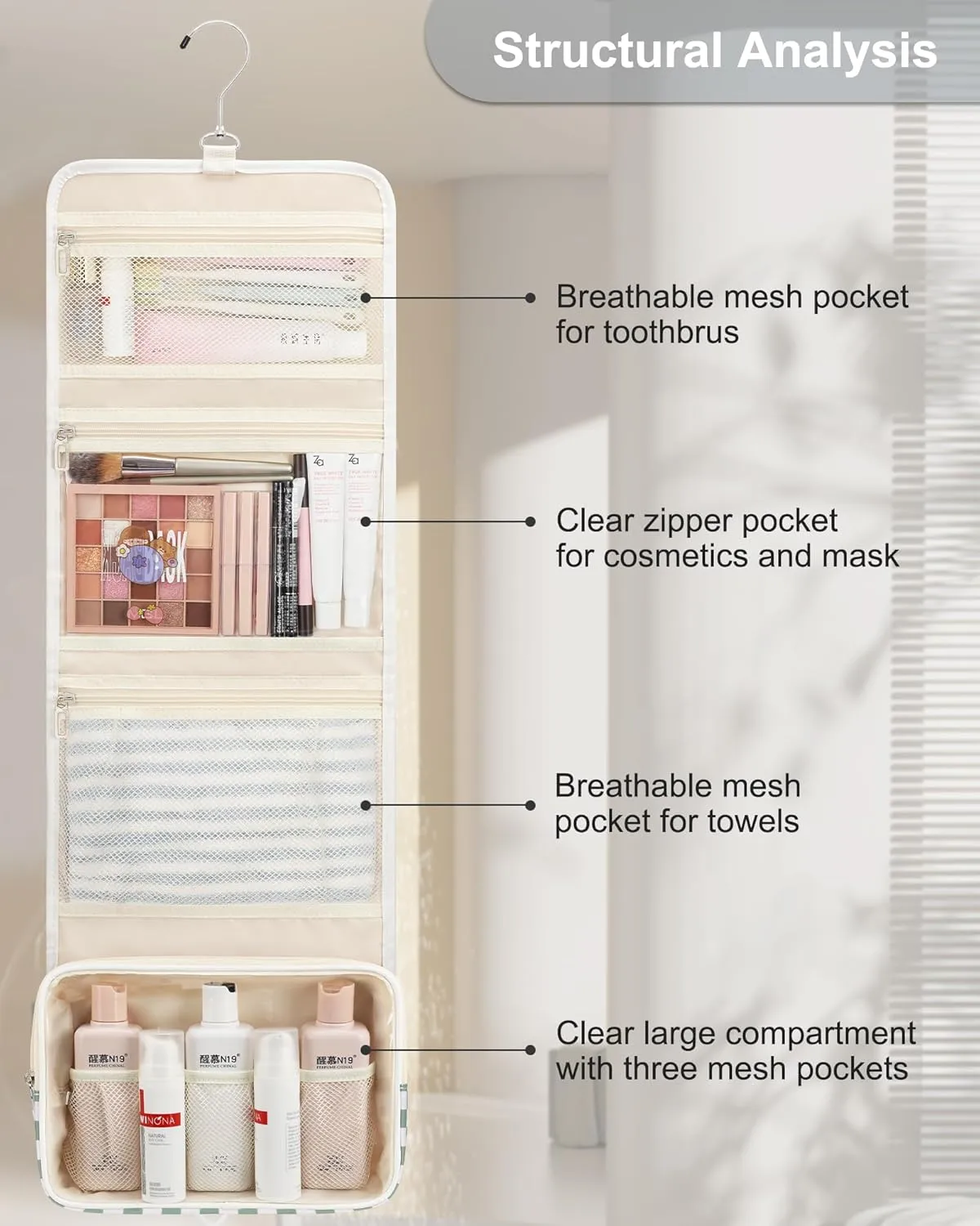 Relavel Travel Hanging Toiletry Bag for Women, Large Capacity Wash Bag with 360 degree Rotation Hanging Hook, Portable Toiletries Makeup Organizer Storage for Daily Use, Trip, Camping - Green Plaid