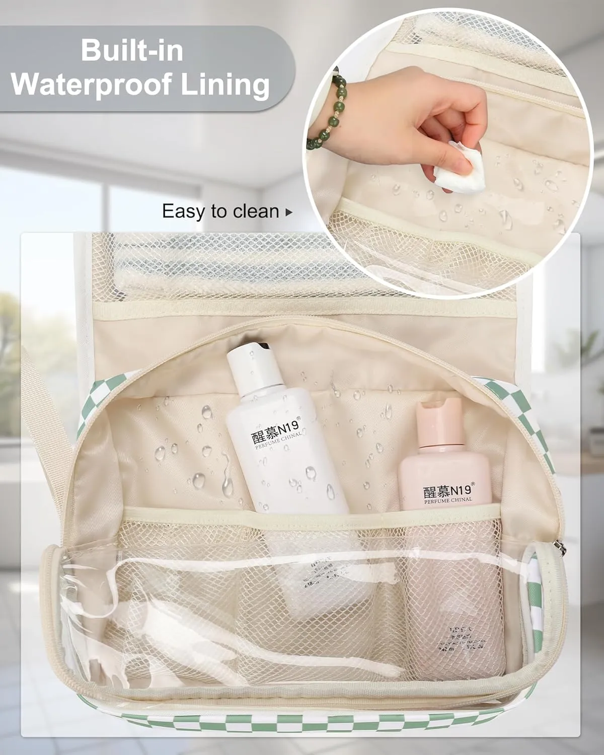 Relavel Travel Hanging Toiletry Bag for Women, Large Capacity Wash Bag with 360 degree Rotation Hanging Hook, Portable Toiletries Makeup Organizer Storage for Daily Use, Trip, Camping - Green Plaid