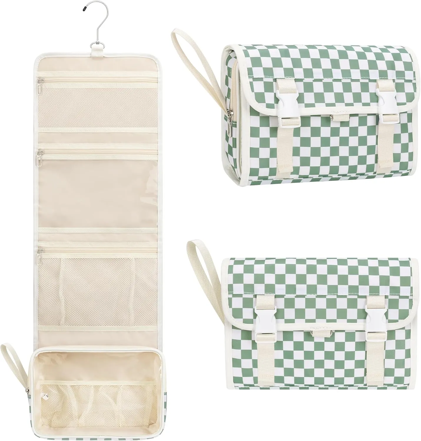 Relavel Travel Hanging Toiletry Bag for Women, Large Capacity Wash Bag with 360 degree Rotation Hanging Hook, Portable Toiletries Makeup Organizer Storage for Daily Use, Trip, Camping - Green Plaid