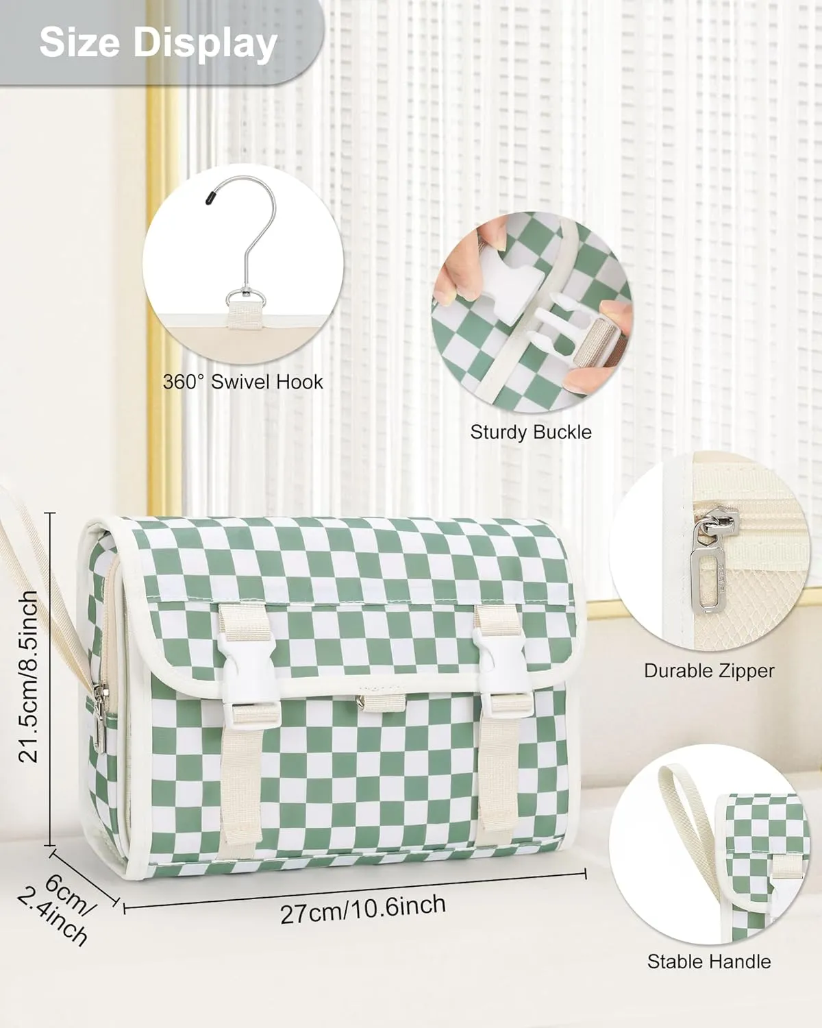 Relavel Travel Hanging Toiletry Bag for Women, Large Capacity Wash Bag with 360 degree Rotation Hanging Hook, Portable Toiletries Makeup Organizer Storage for Daily Use, Trip, Camping - Green Plaid