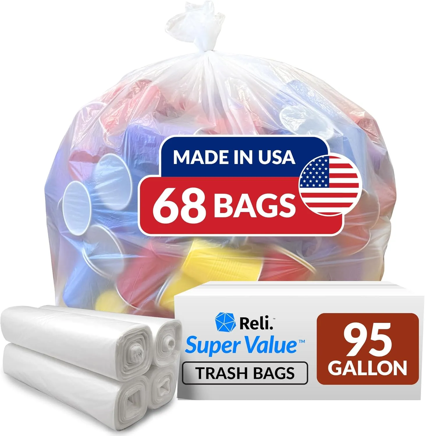 Reli. 95 Trash Bags Heavy Duty | 68 Trash Bags | Super Sizeable for Serious Garbage Cleanup (Clear)