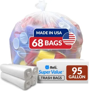 Reli. 95 Trash Bags Heavy Duty | 68 Trash Bags | Super Sizeable for Serious Garbage Cleanup (Clear)