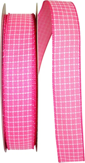 Reliant Ribbon Saddle Stitch Check Linen Value Wired Edge Ribbon, 1-1/2 Inch X 50 Yards, Hot Pink