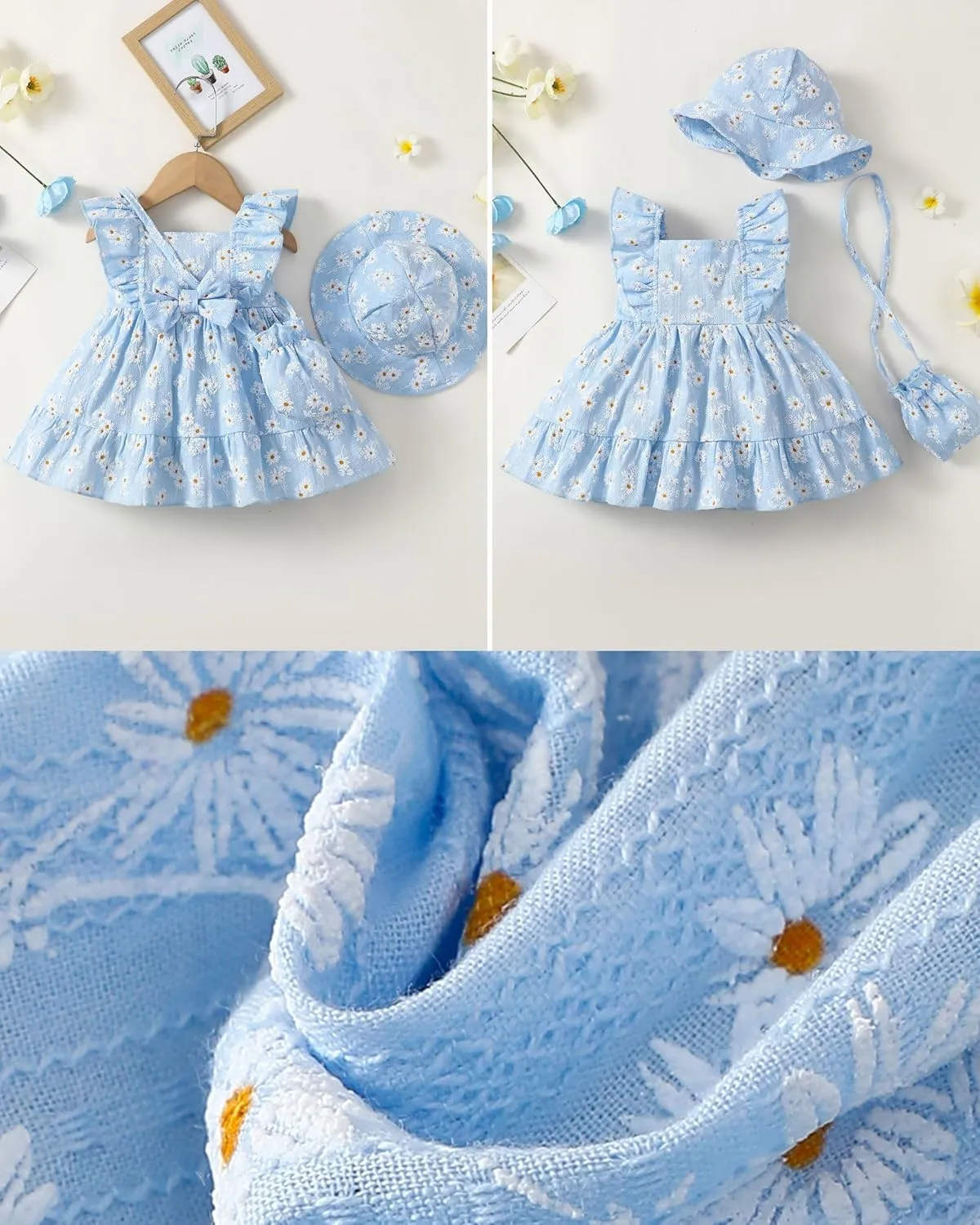 Renotemy Newborn Infant Baby Girl Dresses Summer Outfits Boho Casual Sundress Gifts Toddler Clothes for Girl with Hat and Bag