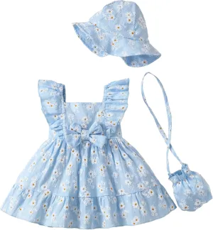 Renotemy Newborn Infant Baby Girl Dresses Summer Outfits Boho Casual Sundress Gifts Toddler Clothes for Girl with Hat and Bag