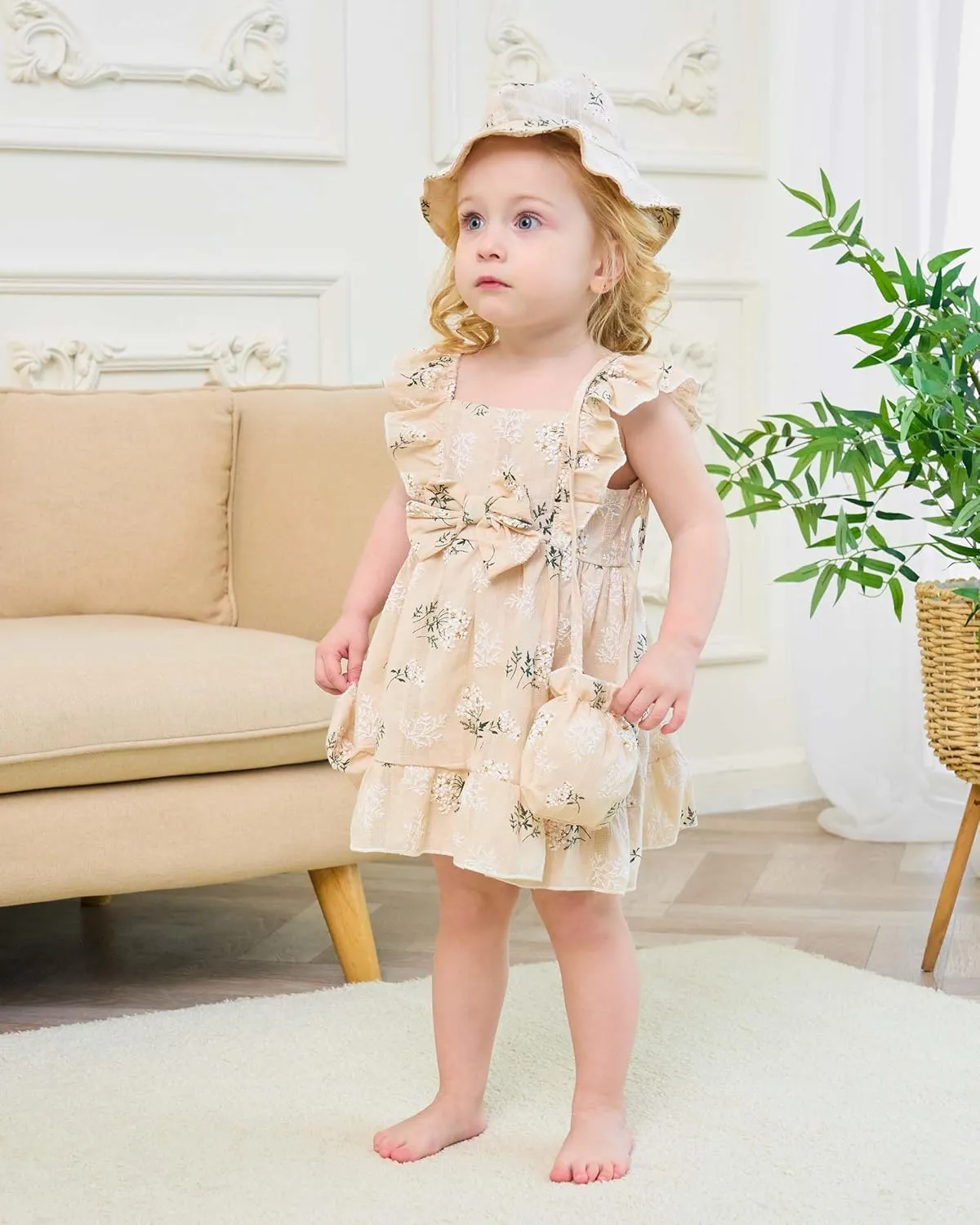 Renotemy Newborn Infant Baby Girl Dresses Summer Outfits Boho Casual Sundress Gifts Toddler Clothes for Girl with Hat and Bag
