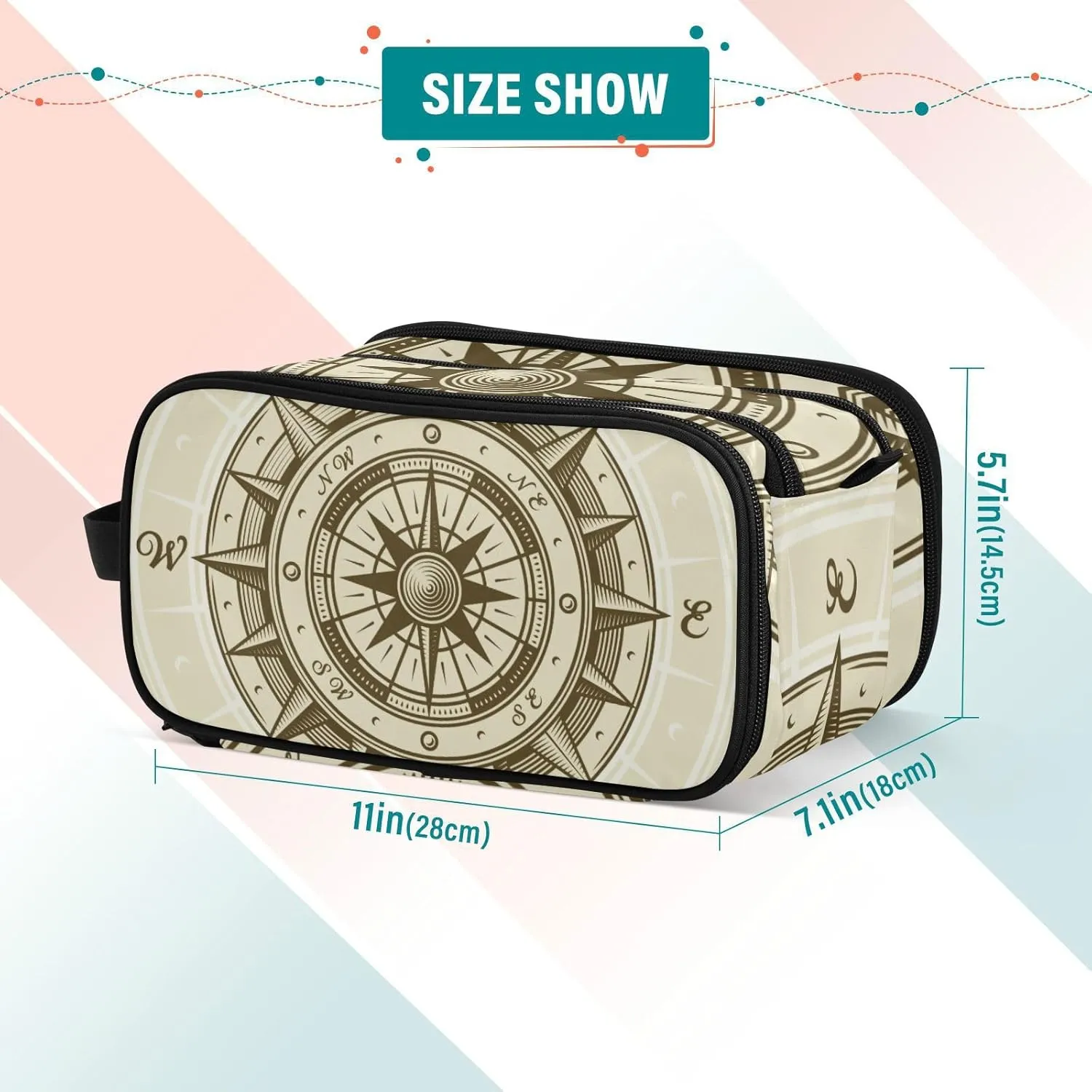 Retro compass in Woodcut Style with Clipping Mask Women's Portable Makeup Bag with Handle, Cosmetic Bag, Travel Cosmetic Bag Durable Toiletry Storage Organizer 11 x 7 x 5.7 inch