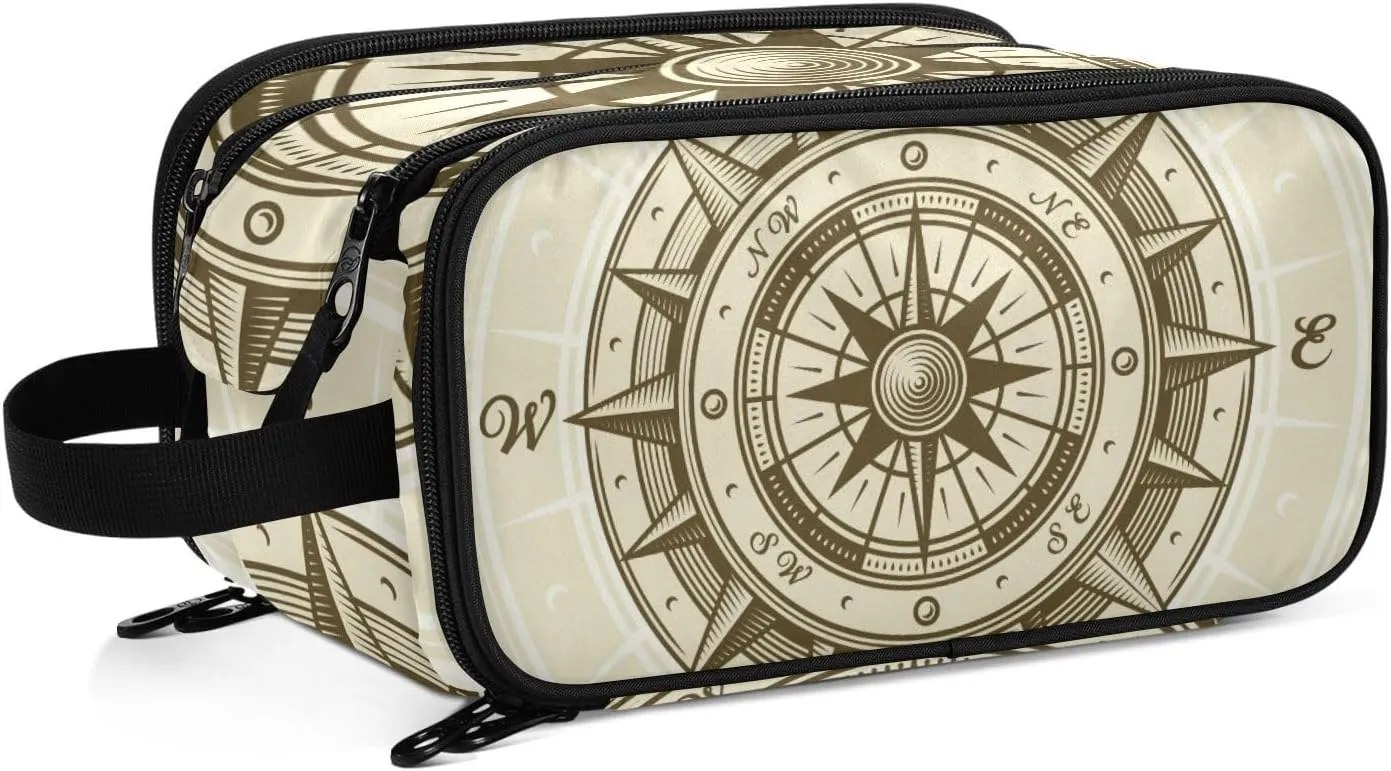 Retro compass in Woodcut Style with Clipping Mask Women's Portable Makeup Bag with Handle, Cosmetic Bag, Travel Cosmetic Bag Durable Toiletry Storage Organizer 11 x 7 x 5.7 inch