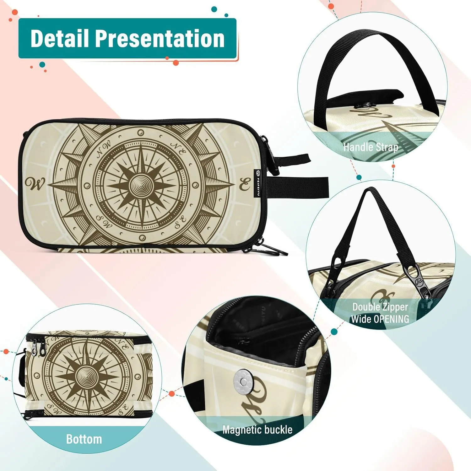 Retro compass in Woodcut Style with Clipping Mask Women's Portable Makeup Bag with Handle, Cosmetic Bag, Travel Cosmetic Bag Durable Toiletry Storage Organizer 11 x 7 x 5.7 inch