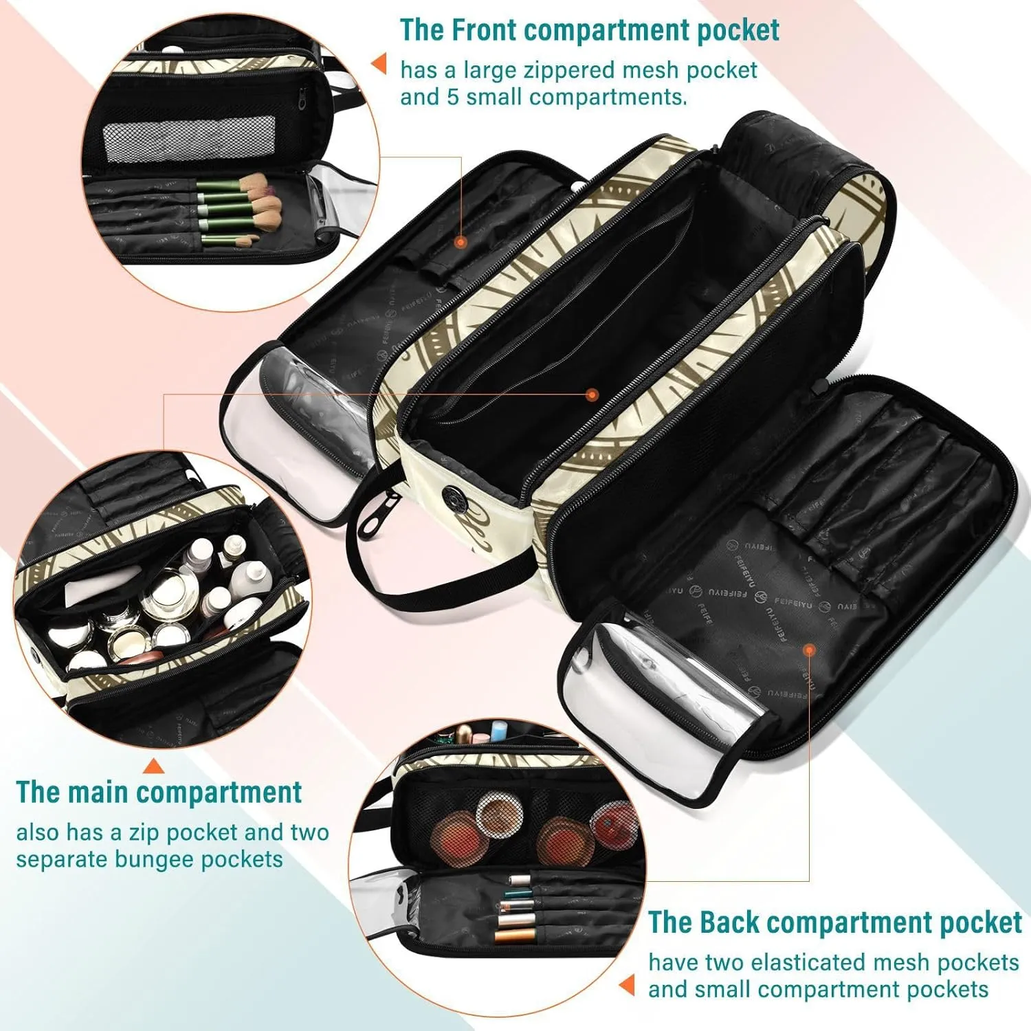 Retro compass in Woodcut Style with Clipping Mask Women's Portable Makeup Bag with Handle, Cosmetic Bag, Travel Cosmetic Bag Durable Toiletry Storage Organizer 11 x 7 x 5.7 inch