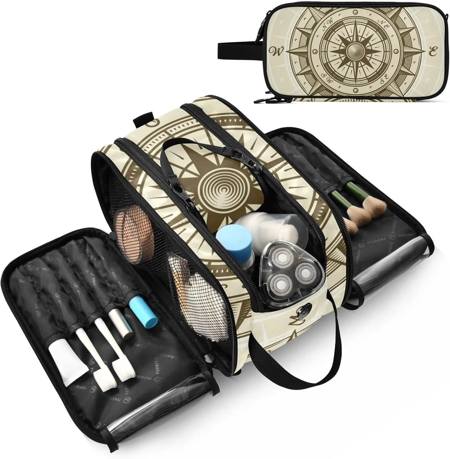 Retro compass in Woodcut Style with Clipping Mask Women's Portable Makeup Bag with Handle, Cosmetic Bag, Travel Cosmetic Bag Durable Toiletry Storage Organizer 11 x 7 x 5.7 inch