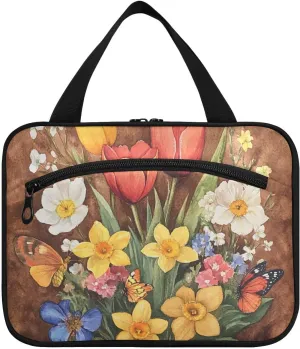 Retro Flowers with Brown Oil Painting Feel hanging size toiletries for men with hook, designer essential bag with compartments for accessories for women cruises porta cosmeticos mujer para
