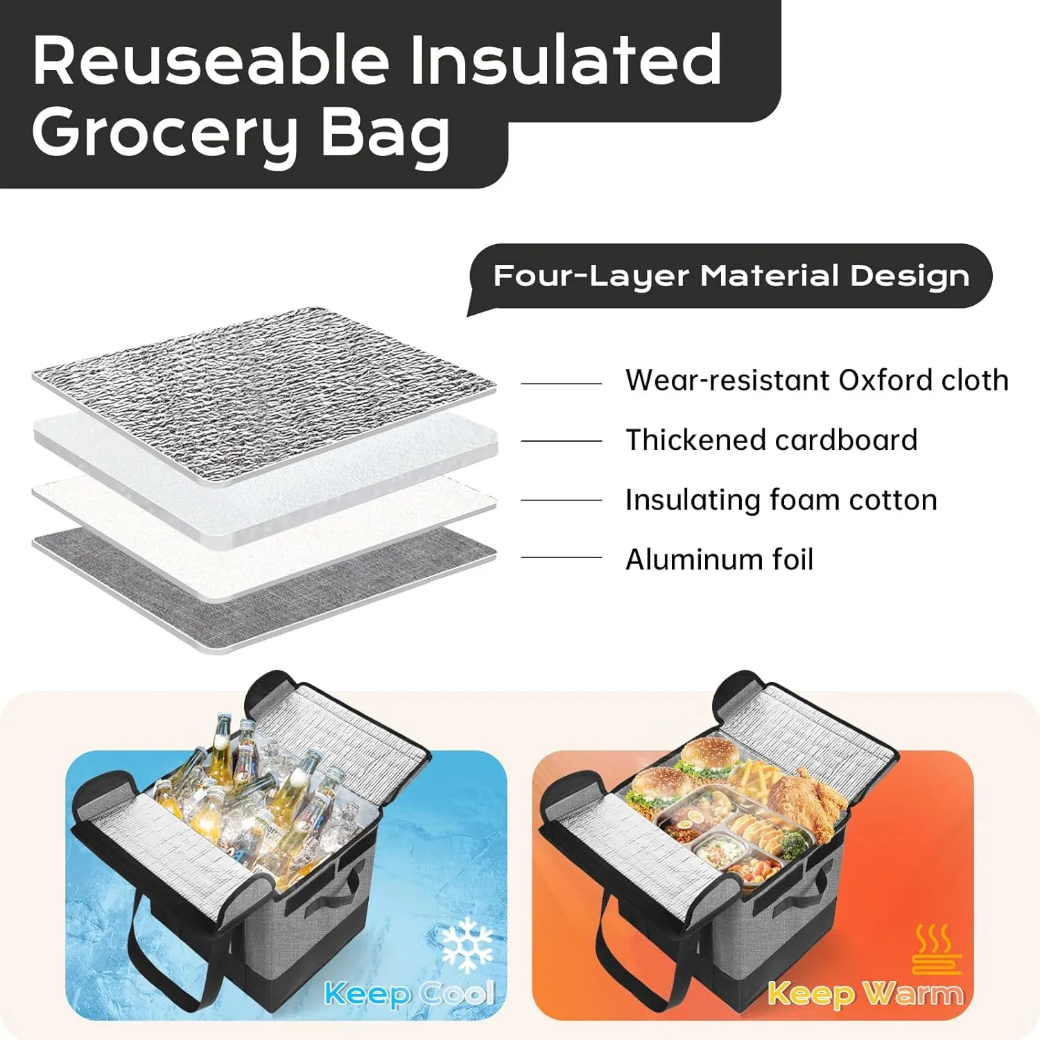 Reusable Insulated Grocery Bags Collapsible Grocery Tote Bags for Shopping Wear Resistant Heavy Duty Foldable Cooler Grocery Bags for Frozen and Hot Food Camping Bags