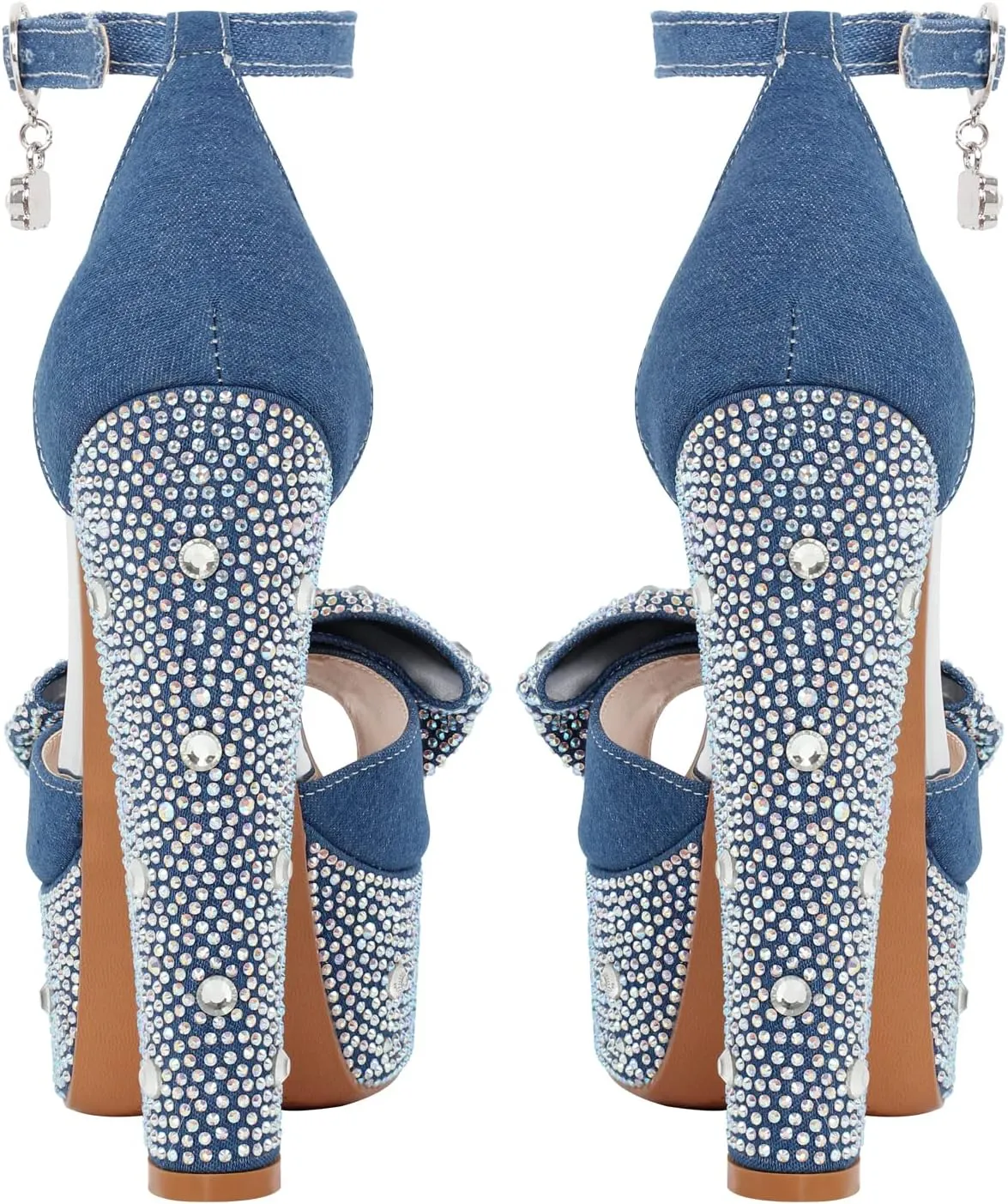 richealnini Women's Sparkle Embellished Rhinestones Bows Chunky Sandals In Denim Adjustable Buckle Up Platform High Heels