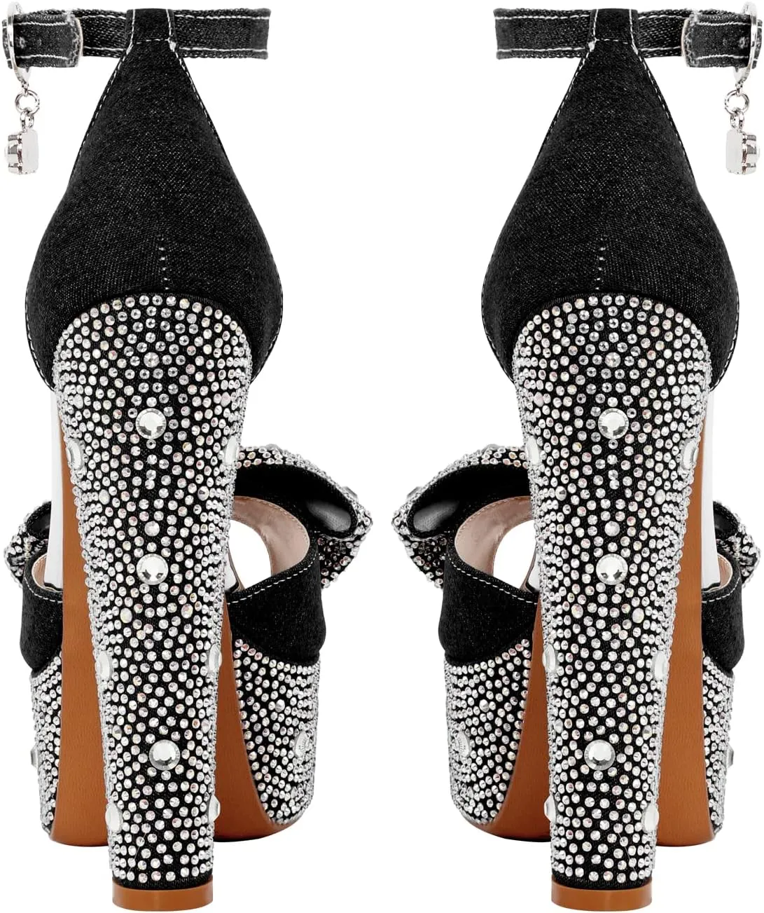 richealnini Women's Sparkle Embellished Rhinestones Bows Chunky Sandals In Denim Adjustable Buckle Up Platform High Heels