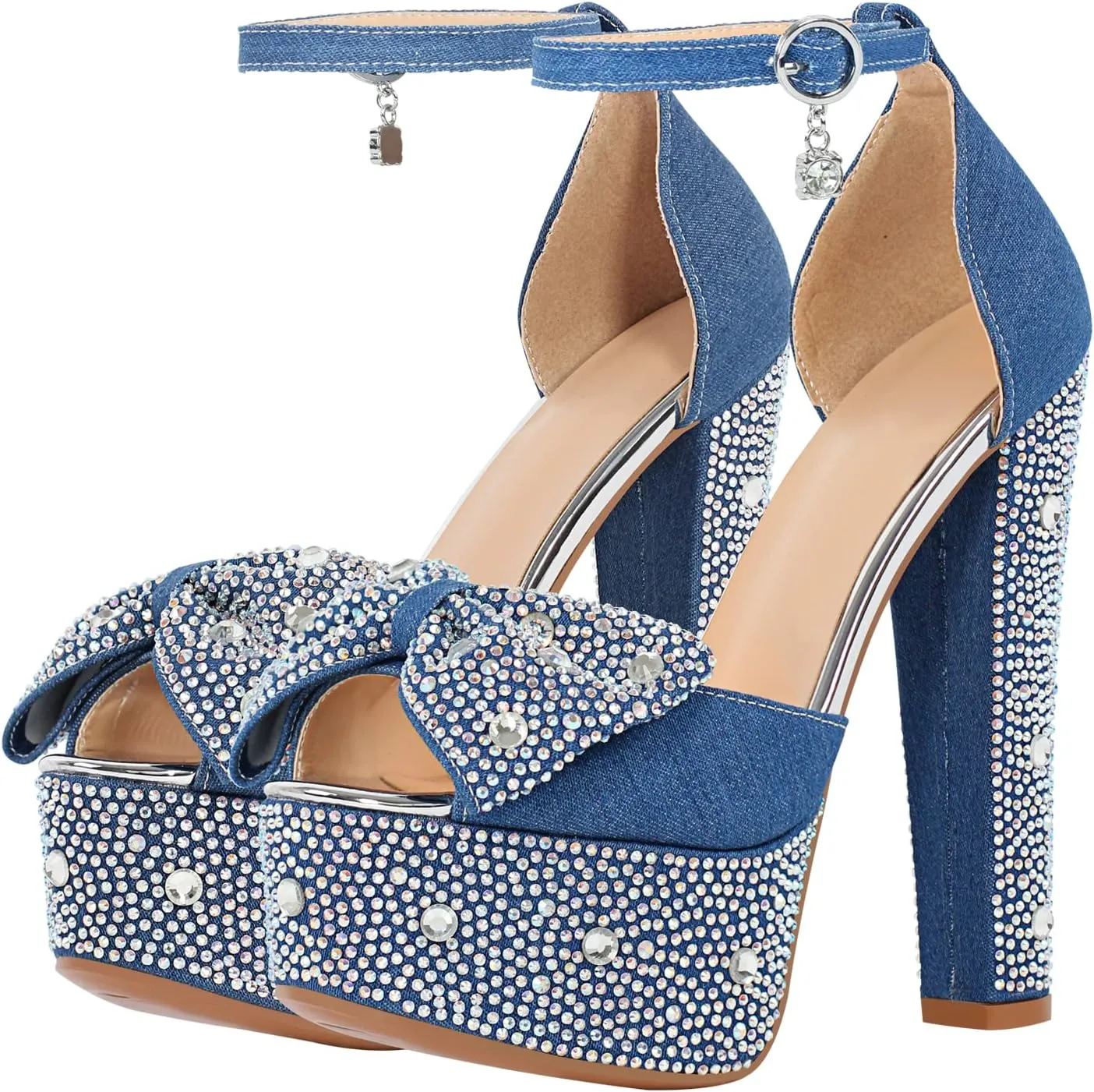 richealnini Women's Sparkle Embellished Rhinestones Bows Chunky Sandals In Denim Adjustable Buckle Up Platform High Heels