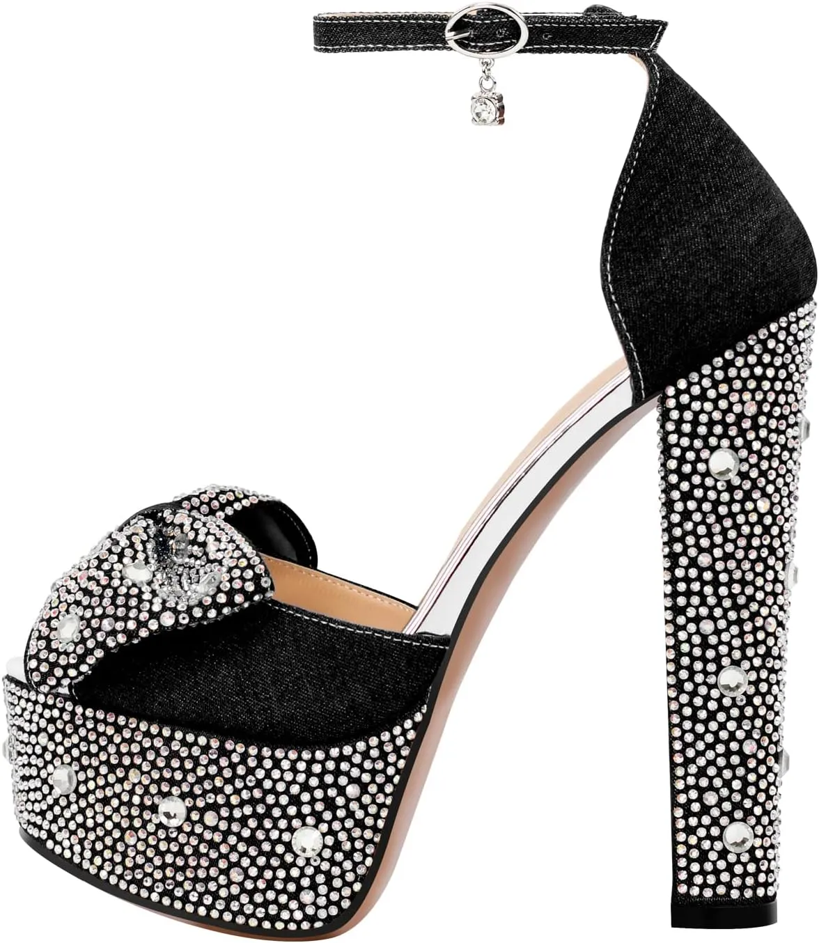 richealnini Women's Sparkle Embellished Rhinestones Bows Chunky Sandals In Denim Adjustable Buckle Up Platform High Heels