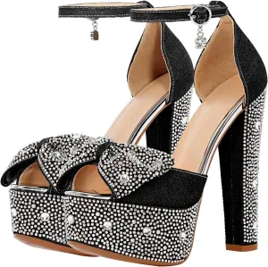 richealnini Women's Sparkle Embellished Rhinestones Bows Chunky Sandals In Denim Adjustable Buckle Up Platform High Heels