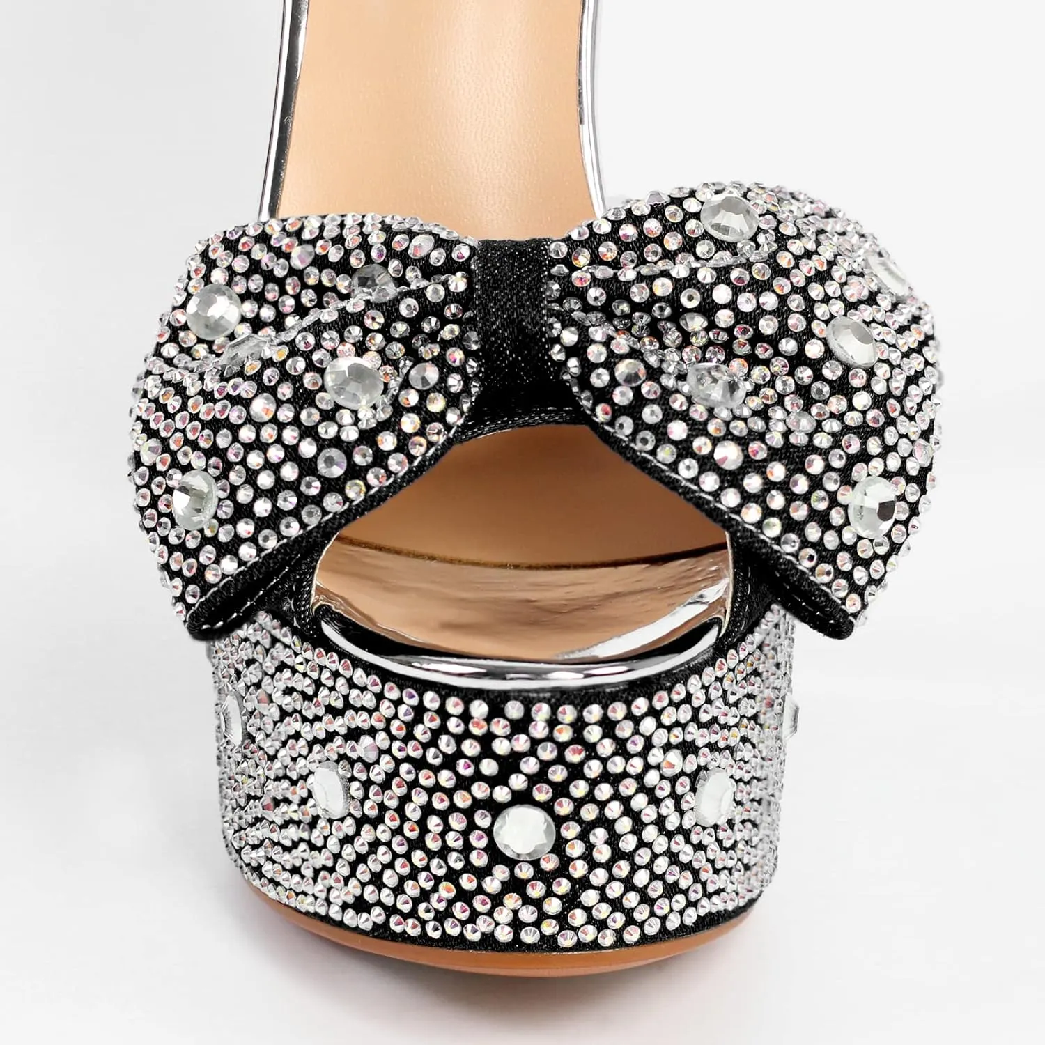 richealnini Women's Sparkle Embellished Rhinestones Bows Chunky Sandals In Denim Adjustable Buckle Up Platform High Heels
