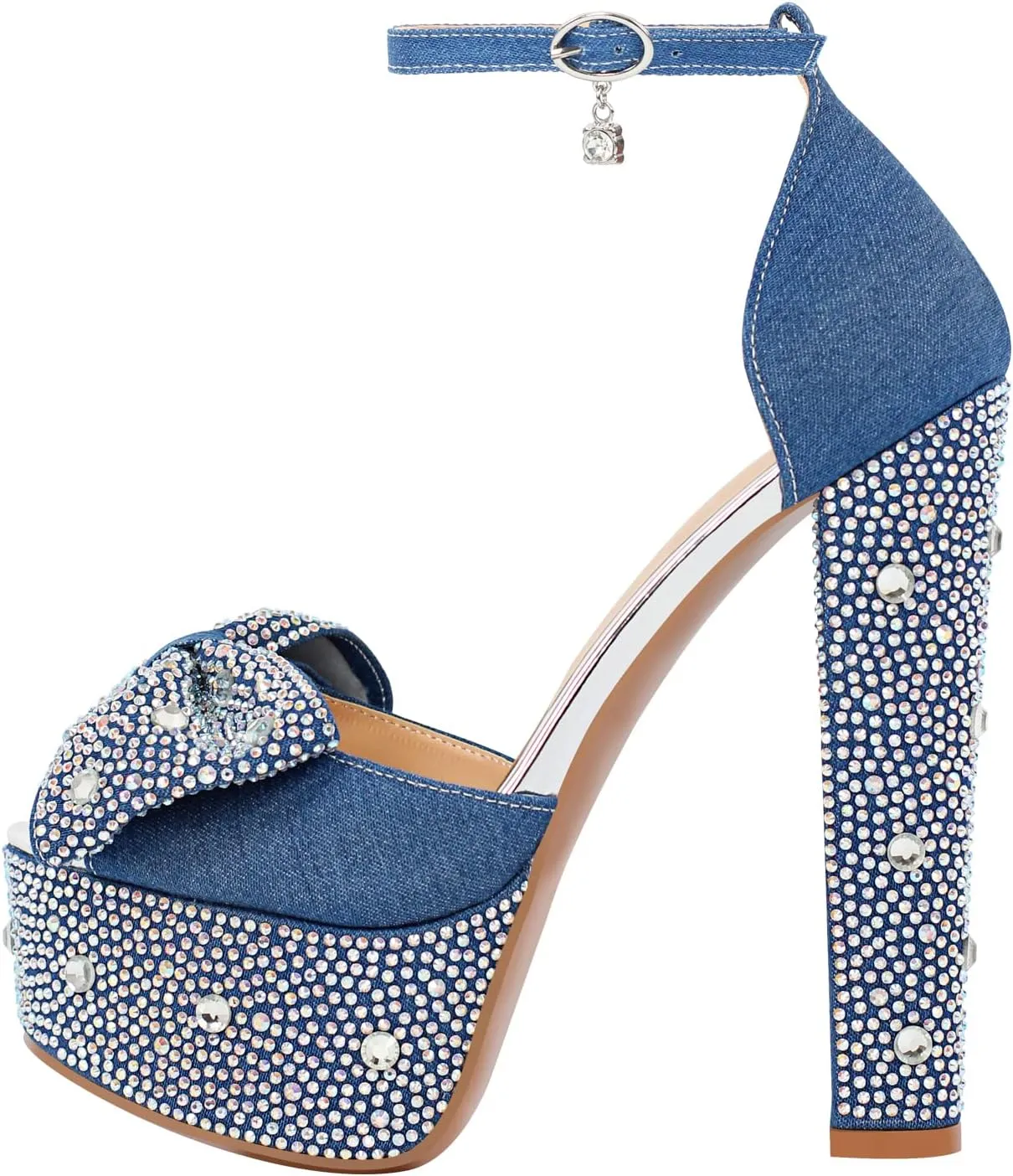 richealnini Women's Sparkle Embellished Rhinestones Bows Chunky Sandals In Denim Adjustable Buckle Up Platform High Heels