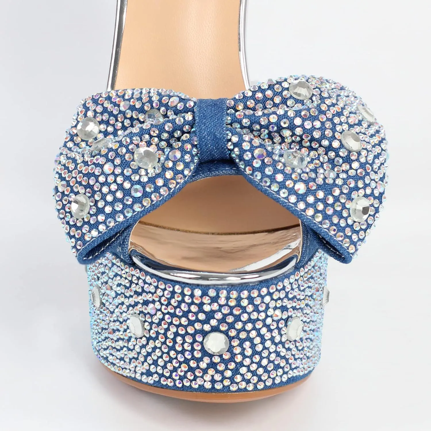 richealnini Women's Sparkle Embellished Rhinestones Bows Chunky Sandals In Denim Adjustable Buckle Up Platform High Heels
