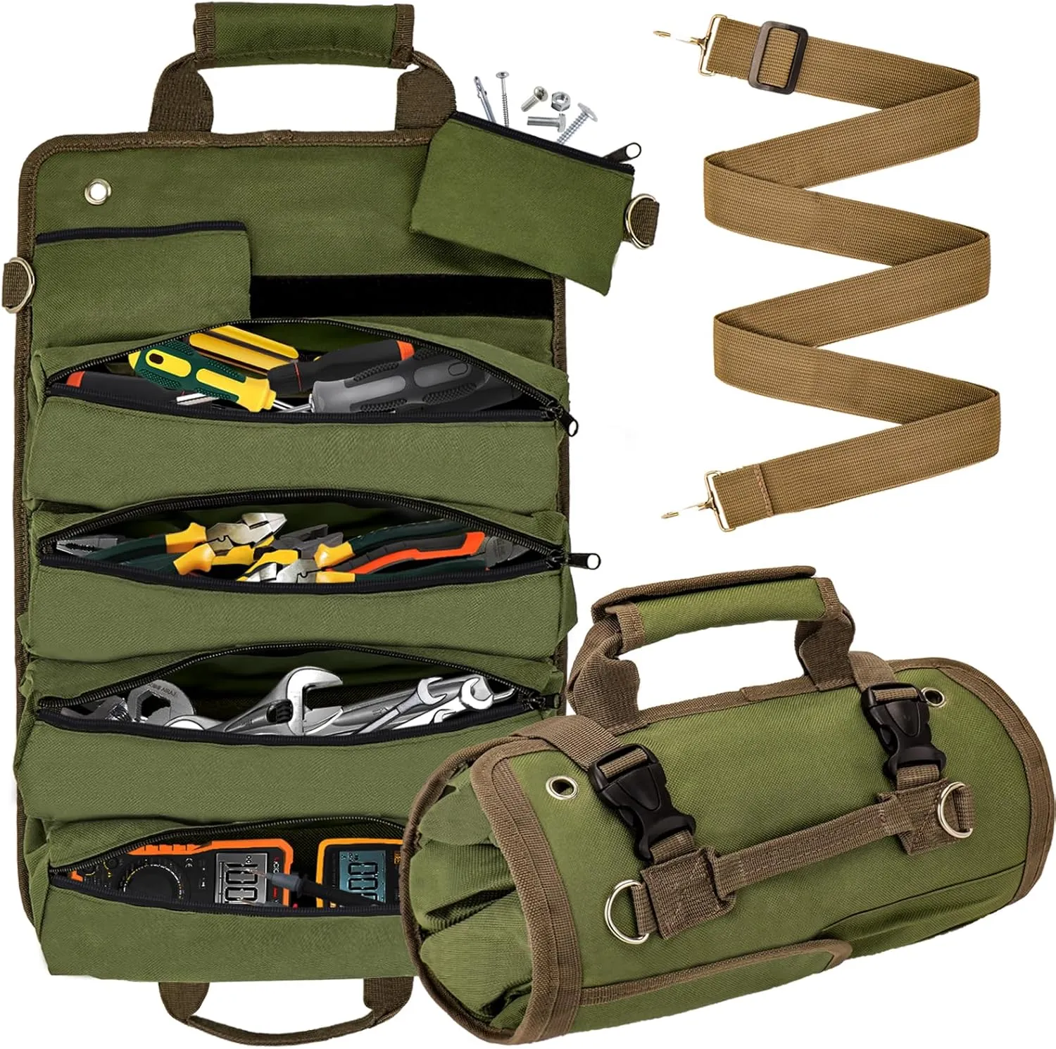 Roll Up Tool Bag - Heavy Duty Tool Organizer with 4 Pockets and 2 Detachable Pouches for Dad, Mechanic, Electricians, Repairman - Green