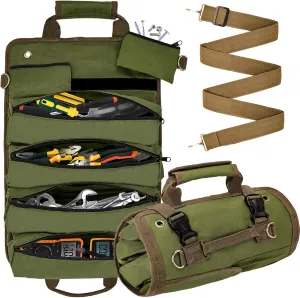 Roll Up Tool Bag - Heavy Duty Tool Organizer with 4 Pockets and 2 Detachable Pouches for Dad, Mechanic, Electricians, Repairman - Green