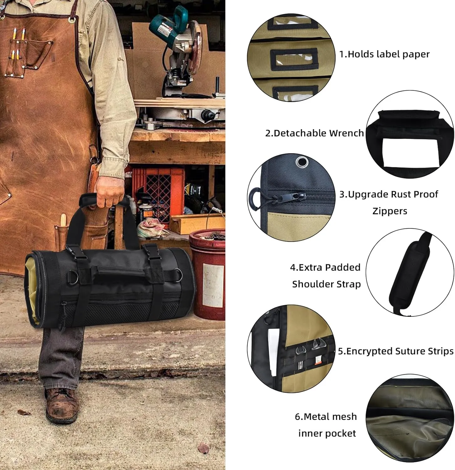 Roll Up Tool Bag, Large Heavy Duty 14-Pockets Tool Roll Bag with Wrench Roll Organizer for Men, Portable Tool Bag For Electrician, Mechanic, Hobbyist