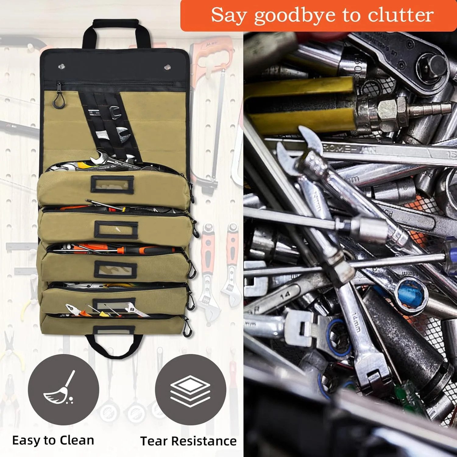 Roll Up Tool Bag, Large Heavy Duty 14-Pockets Tool Roll Bag with Wrench Roll Organizer for Men, Portable Tool Bag For Electrician, Mechanic, Hobbyist