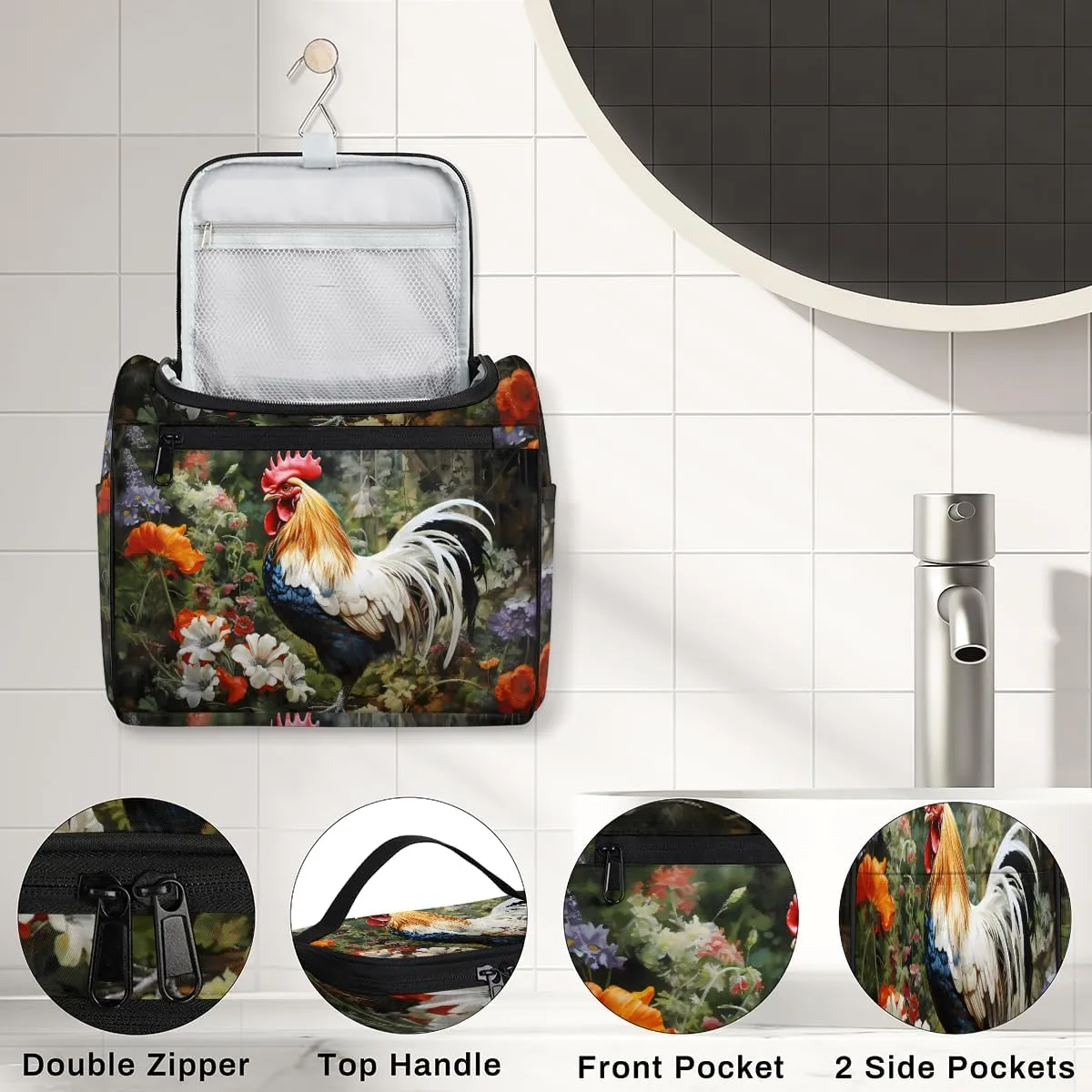 Rooster Spring Flowers Travel Toiletry Bag for Men and Women, Large Hanging Makeup Bag Organizer Toiletries Bag for Travel, Cosmetic Bag with Handle