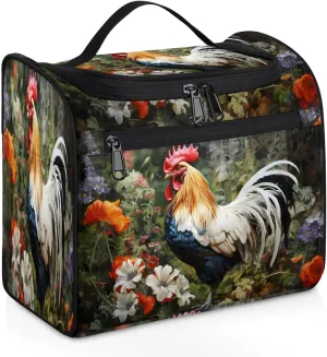 Rooster Spring Flowers Travel Toiletry Bag for Men and Women, Large Hanging Makeup Bag Organizer Toiletries Bag for Travel, Cosmetic Bag with Handle
